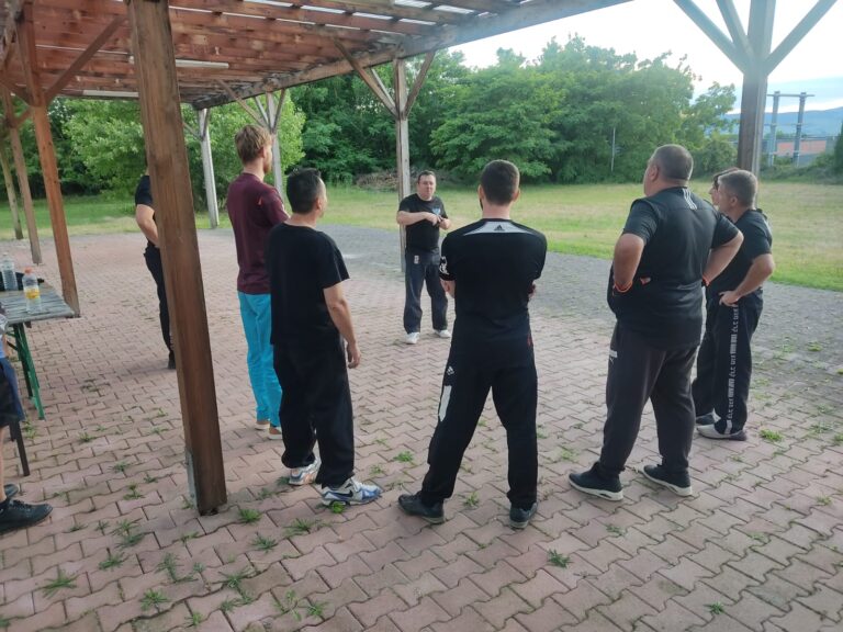 Explication d'une technique lors d'un cours de Krav Maga en extérieur à Montceaux
